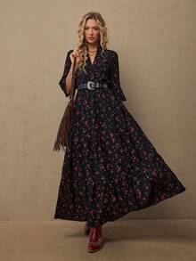 Freevana 女士度假黑色碎花衬衫裙，宽松七分袖连衣裙，休闲秋冬连衣裙