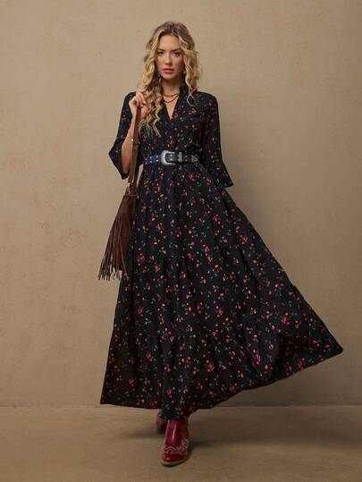 Freevana 女士度假黑色碎花衬衫裙，宽松七分袖连衣裙，休闲秋冬连衣裙