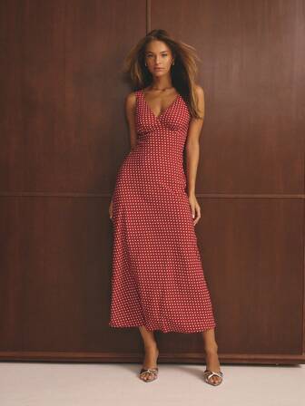 Aralina Vestido largo elegante y casual de lunares rojos, perfecto para fiestas de Navidad y Año Nuevo, ideal para eventos y temporada de fiestas