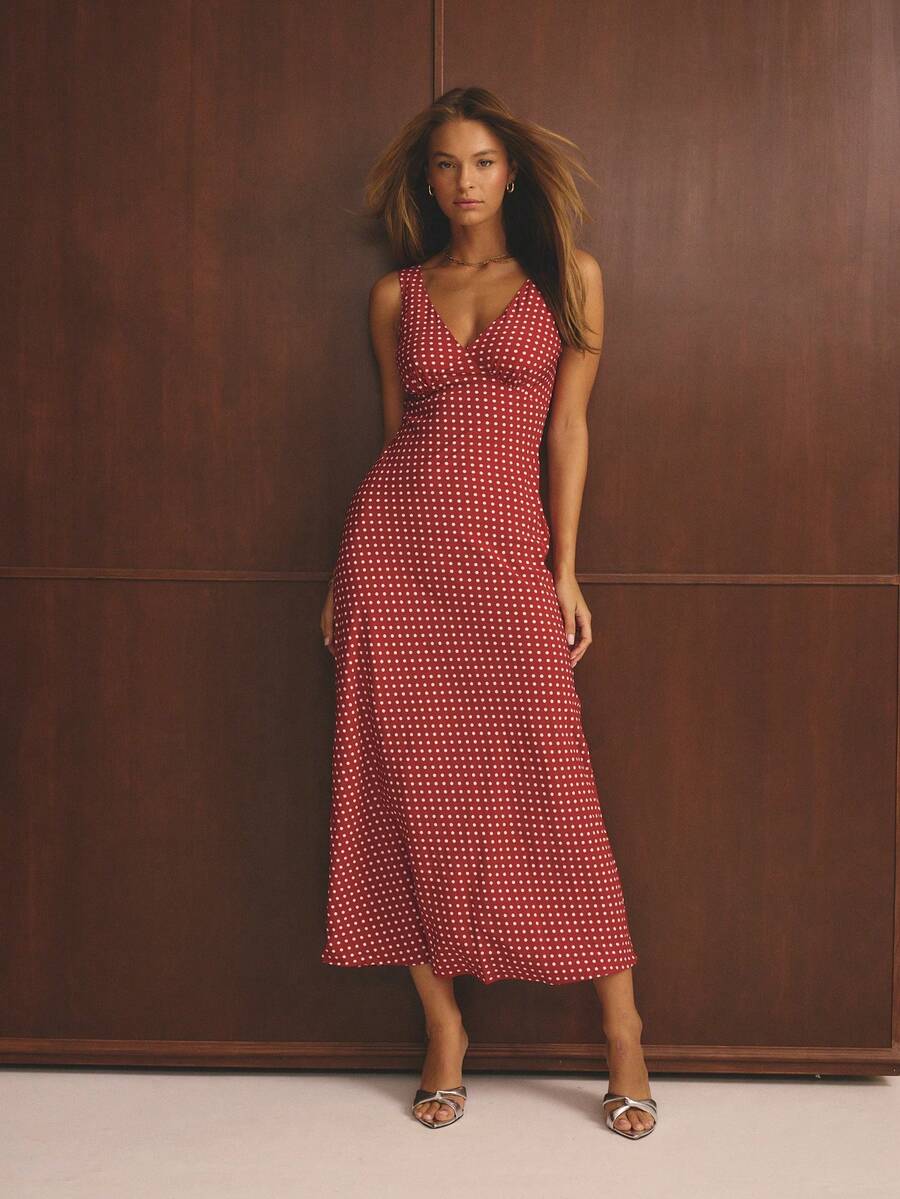 Aralina Women's Casual Chic Elegant Polka Dot Red Maxi Dress Perfect For Christmas Party Outfits And New Years Party Outfits Event Season Dressing And Party Season Dressing - Red - View 1