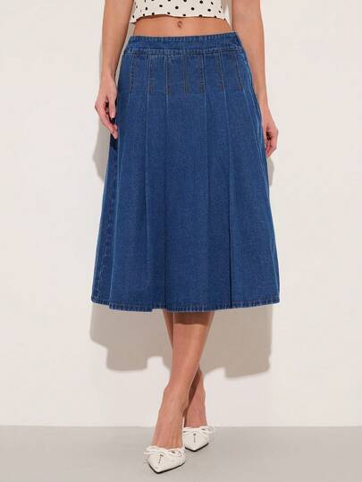 COSMINA Falda vaquera de talle bajo con pliegues plegados para uso casual, oficina y viajes diarios