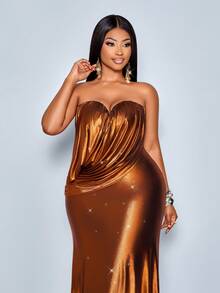 SOLERSUN Plus Size Women's Elegant Glamorous Bandeau Draped Sparkly Bodycon Mermaid Maxi Dress, Club Outfits Women Sexy, Suitable For Christmas Party Vacation & Dating,Elegant Dress For Women,Christmas,Formal Dress,Party Dress,Sexy Dress,Wedding Guest Dress - Orange - View 6