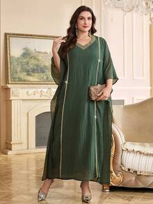 Al Najma Plus Size Women Elegant Patchwork Ribbon V-Neck Textured Dress, Autumn Plus Size Green Dress