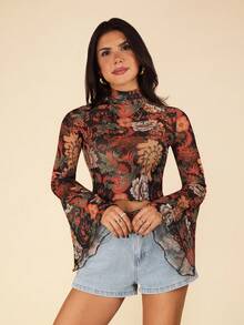 Coeurva 印花高领喇叭袖透视露脐网纱夏季女士沙滩波西米亚风上衣 - 黑色 - 查看 5