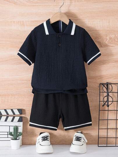 SHEIN Explorewe 2pcs/Set Young Boy Summer Casual Daily Contrast Trim Short Sleeve Polo Shirt And Shorts Boys Short Set Boy Casual Sets