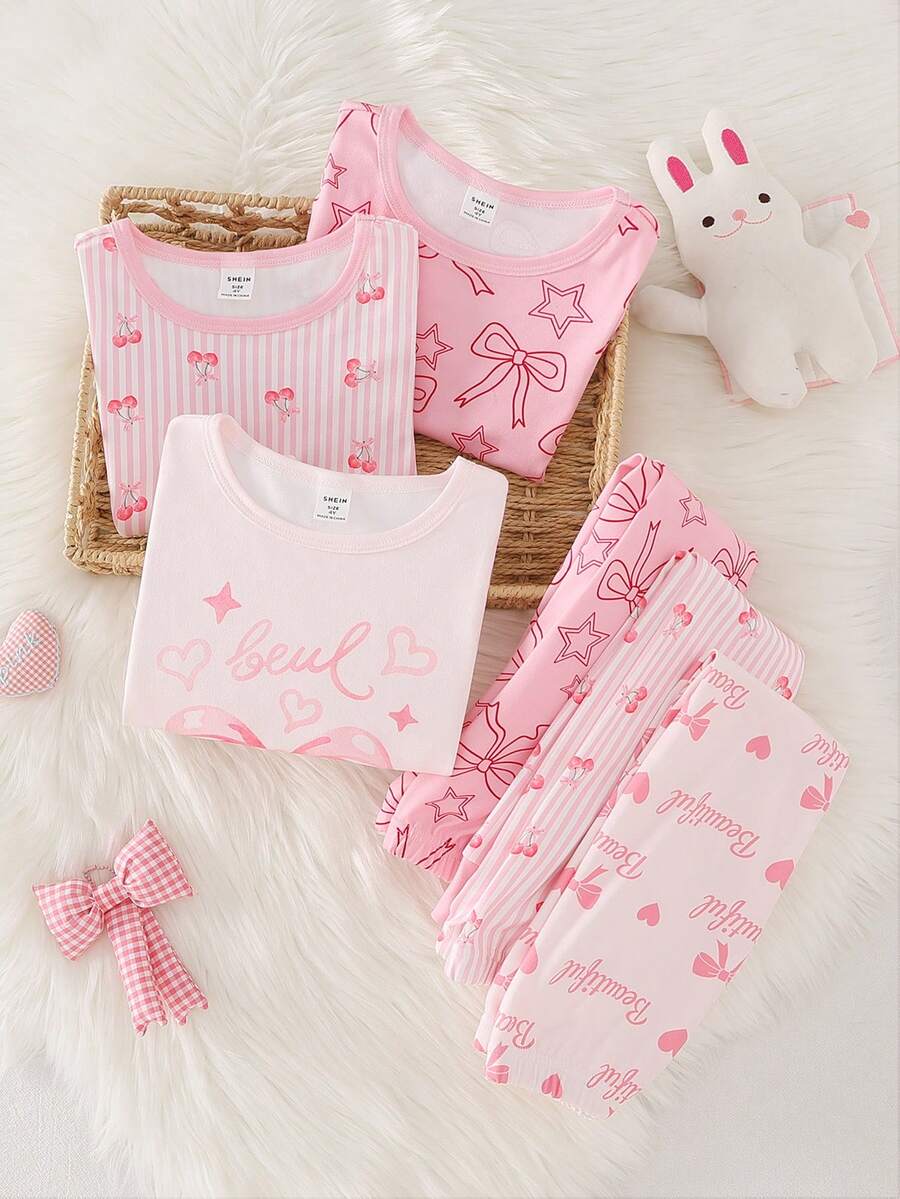 6pcs/Set Girls Minimalist Elegant Cute Floral Print Long Sleeve Pajama Set, Sleepwear Snug Fit Girl Pjs Sets Girls Cute Set Girl Sleep Wear Girls Bow Pajamas - Multicolor - View 1