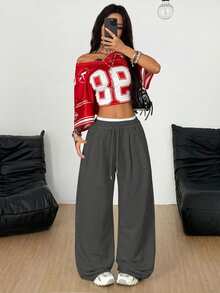 Coolane 女士夏季街头休闲运动必备单品法式灰弹力腰直筒裤 - 深灰色 - 查看 5