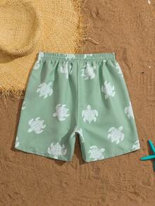 Calções de praia/natação para meninos pré-adolescentes com estampa de tartaruga marinha verde e cordão na cintura, ideais para férias, praia, litoral, verão, férias de primavera e verão. - Multicolorido - Ver 3