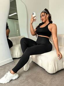 SHEIN Velisys Plus Size Waistband Splice Sweat-Wicking Fabric Sports Pants - Black - View 2