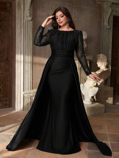 Aureia Plus Size Elegant Luxurious Round Neck Contrast Mesh Sequin Sleeve Ruched Waist Fitted Mermaid Hem Overlay Dress, Suitable For Evening Party, Singles Party, Date, Ball, Holiday, Wedding Events (Heavy Embellishment), Valentine's Day