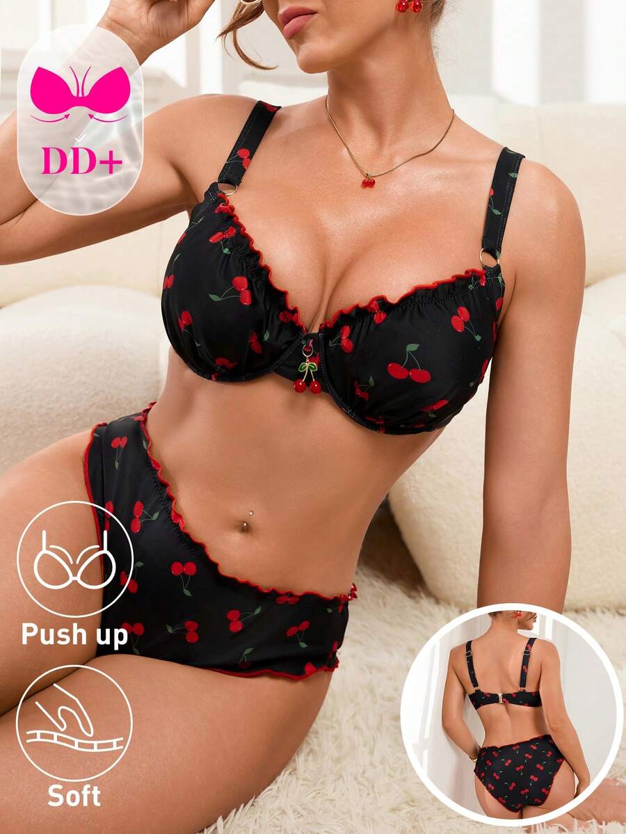 Swim DD+ Sexig bikiniset med körsbärsmönster och volangdetaljer för kvinnor, sommarstrand - Multifärgad - Visa 1