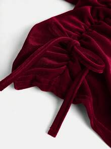 SHEIN Girlism 少女红色天鹅绒垂领荷叶边腰部紧身正式派对连衣裙 - 酒紅色 - 查看 6