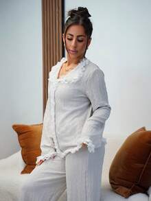 SAYEHFBABY Southern France Elegant Lace Patchwork Textured Knit Pajama Set For Women Ruffle Pajama Set  Cozy And Elegant Details, Fall Clothes - Beige - View 5