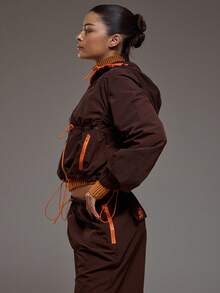 MUSERA Light Weight Zip Through Contrast Colour Toggle Detail Cropped Hooded Jacket Coord Top Only Winter  Coolgirl Cosy Cute Outdoors Explorer - Chocolate Brown - View 3