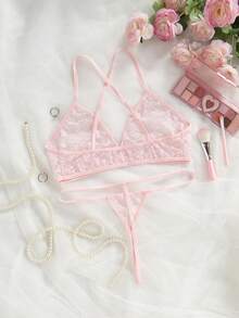 Conjunto de lencería con top corto con tirantes finos y espalda descubierta con cruce y tanga para mujer - Rosa - Ver 2