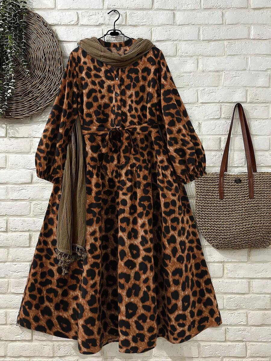 Franclia Women's Casual Leopard Print Cotton Soft Comfortable Cinched Waist Waist Dress Leopard Print Dress Animal Print Dress Cheetah Dress For Women - Brown - View 1