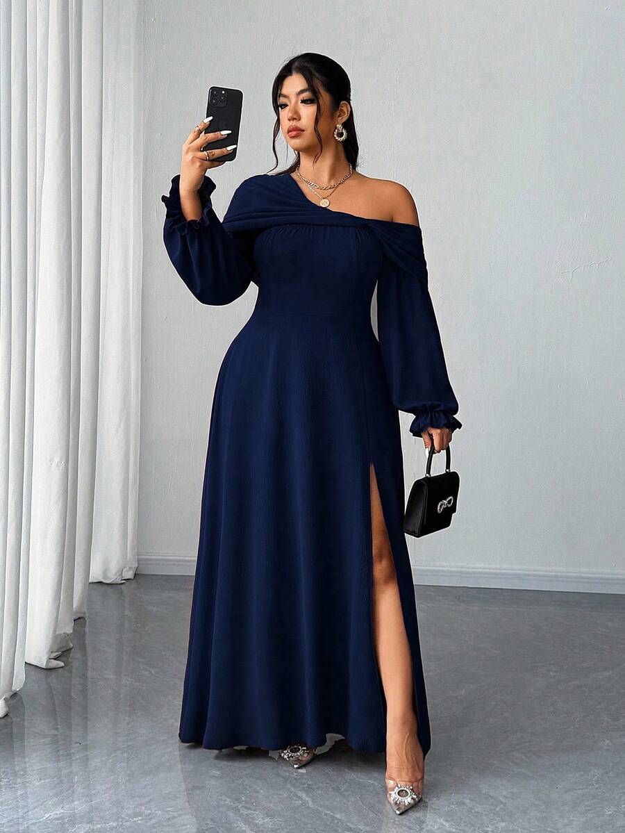 Elenzga Váy maxi xẻ tà cao dáng chữ A dài tay, cổ lệch, lãng mạn, thanh lịch dành cho tiệc/đám cưới cỡ lớn dành cho nữ, mùa xuân/thu/đông - Màu xanh hải quân - Xem 1