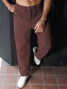 Manfinity Homme 男士纯色口袋休闲直筒牛仔裤 男士宽松直筒休闲裤 - 鏽棕色 - 查看 5