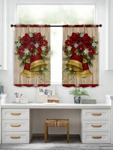 2Pcs Christmas Festival Atmosphere Christmas Tree Curtain Rod Kitchen Curtains, Modern Style, Digital Printing Curtain Rod Short Curtains, Suitable For Christmas And Four Seasons - Multicolor - View 1