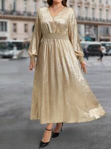 SHEIN LUNE 大码秋季服装 全印花褶皱豹纹长袖连衣裙/秋季连衣裙/秋季女装 秋季婚礼宾客礼服 优雅女装 商务休闲女装 工作连衣裙 商务连衣裙 秋季大码女装 圣诞节女装 新年女装 感恩节女装 感恩节女装 性感夜店女装 优雅奢华晚礼服 亮片连衣裙 - 金色 - 查看 5
