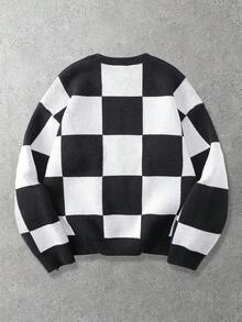 ROMWE MEN Prep Suéter holgado de punto con estampado de letras en cuadros blancos y negros de moda casual de calle para hombre, otoño/invierno - Blanco y Negro - Ver 2