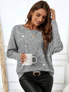 EMERY ROSE T-shirt à manches longues décoré de paillettes minimaliste et décontracté pour femmes, convient pour l'automne/l'hiver