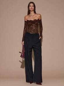 SHEIN BAE 女士蕾丝性感透视镂空露肩长袖上衣，酒红色，适合圣诞节、万圣节、亡灵节、秋冬季叠穿 - 咖啡棕 - 查看 3