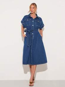 COSMINA Denim Vestido vaquero de manga corta con botones frontales, bolsillos y cintura con lazo, vestido vaquero elegante para ir al trabajo, vestido vaquero azul de manga corta, vestido vaquero casual para salidas y compras, vestido vaquero holgado, ajuste favorecedor, vestido vaquero para primavera/verano - Azul - Ver 2