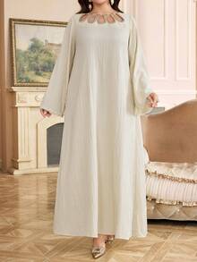 Al Najma Plus Size Elegant Faux Pearl Embroidered Detail Loose Dress, Autumn Kaftan Jalabiya Dress - Apricot - View 7