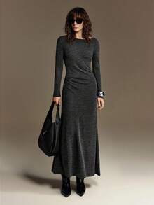 Ontre 2026SS Women's Long Dress, Party & Vacation Dress, Women's Super Long Dress, Advanced Minimalist Design Versatile Daily Wear, Dark Gray, Soft Knit Fabric, U-Neck, Fitted Silhouette, Waist Cinched, Elegant & Simple, Women's Extra Long Dress, Business Casual, Commute, Daily Wear, Spring/Summer, Korean Style, Design, Vacation Party, Wedding Guest Attire, Fashionable Versatile Women's Dress - Dark Grey - View 10