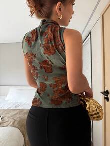 Islaluna Áo tank top nữ màu xanh lá cây in họa tiết, không tay, cổ cao, khóa kim loại, thắt eo, chất liệu co giãn, in họa tiết, thanh lịch và gợi cảm, thích hợp cho mùa xuân và hè, kỳ nghỉ hè, mùa xuân, ngày Valentine, dự tiệc, đi chơi, nghỉ mát. - màu xanh lá - Xem 2