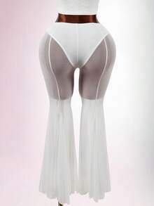 Amplova Quần ống loe lưới mỏng vát chéo cạp trễ - trắng - Xem 8