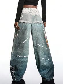 LYSMO 2026 New Arrive Minimalism Spring/Summer Women's Chain Fun Patterns Pocket Wide Leg Loose Casual Jeans/ Summer Clothes / Spring Break Outfits / Valentine Outfits For Women /Valentine's Day / Valentine Clothes /Holiday Outfits For Women / Graphic Jeans /Birthday Outfits For Women / Y2k Jeans /Y2k Clothes / Y2k Women/2000s Style - Blue - View 2