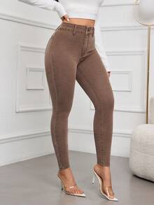 SHEIN Essnce 女士高腰口袋修身休闲百搭牛仔裤 - 咖啡棕 - 查看 6