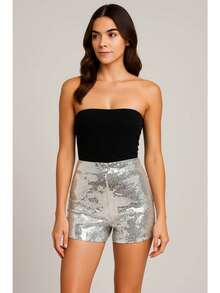 Short Sexy Lentejuelas Premium Brillantes Mujer Corte Alto Ajuste Estilizado Short Dama Ajustable Bolsas - plateado - Ver 3