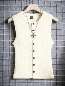 Manfinity Roghcode 男士纯色简约无袖针织背心，休闲日常穿着 - 杏色 - 查看 5