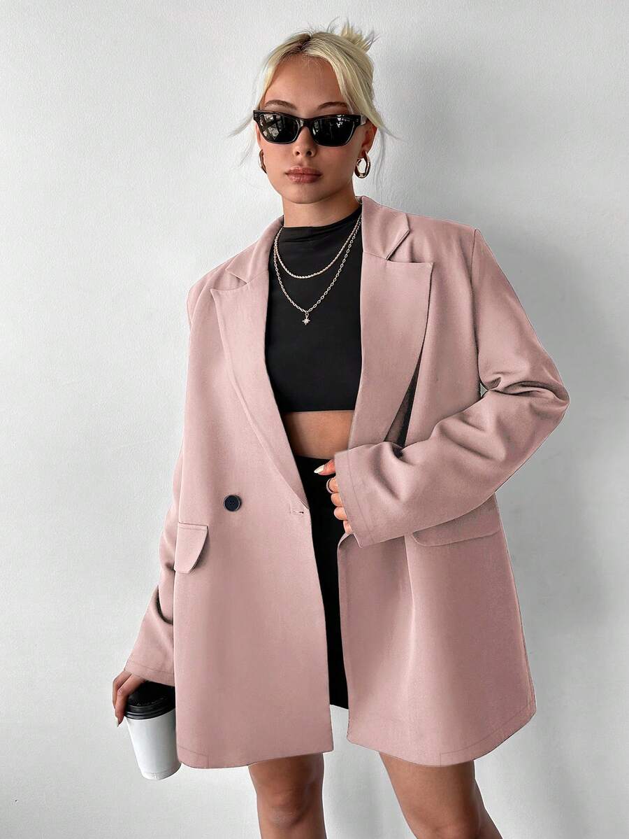Ritzy Row Jaket Blazer Wanita Kasual Ukuran Besar dengan Bantalan Bahu, Panjang Sedang, Kancing Ganda - Berwarna merah muda - View 1