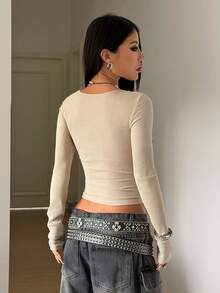 StreetHx 女士秋冬白色修身性感街头风Y2K复古拉链装饰2000年代风格拼接口袋修身朋克摇滚罗纹长袖T恤 - 杏色 - 查看 3