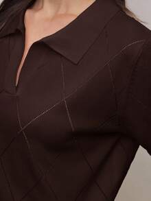 BizChic 2026 Spring/Summer New Asymmetrical Diamond Pattern Knitted Polo Neck Pullover Sweater For Women, 90s Teacher Chic Elegant Carnival Party British Retro College Style Back To School Music Festival Urban Commute - Brown - View 3