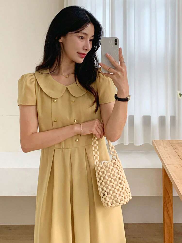 Women's Elegant Elegant Simple Solid Color Peter Pan Collar Puff Sleeve Waist Cinched Fold Pleated Flare Hem Dress, Summer Sundress