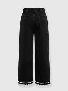 SHEIN Explorewe Tween Girls' Black Jeans With Lace Bow, New Style For Spring And Summer, Suitable For Playing, Versatile And Casual - Black - View 2