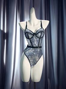 SHEIN Women's Sequin Patchwork Sexy Bodysuit - Multicolor - View 3