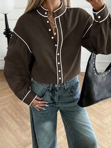 Siren Gaze 女士撞色滚边长袖衬衫，纯棉立领衬衫，秋季款 - 軍綠色 - 查看 5