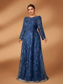 Serin Stunning Plus Size Mother Of The Bride Navy Blue Maxi Dress Mesh Fabric Long Sleeve Round Neck A Line - Navy Blue - View 5