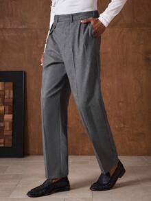 AKNOTIC Men's Solid Color Pleated Pocket Eyelet Fastener Design Casual Office Commute Suit Pants Mens High Waisted Pants Mens Wide Leg Pants Mens Pleated Suit Pants Men Church Pants Grey Dress Pants Men