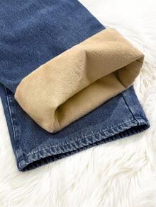 SHEIN 少女抽绳腰带口袋保暖内衬休闲百搭阔腿牛仔裤，冬季