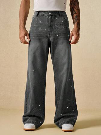 Street Life Men's Loose Straight Fit Comfortable Rhinestone Embellished Jeans