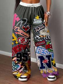 Rovax 女士字母印花落肩长袖短款卫衣和运动裤休闲两件套 - 灰色 - 查看 4