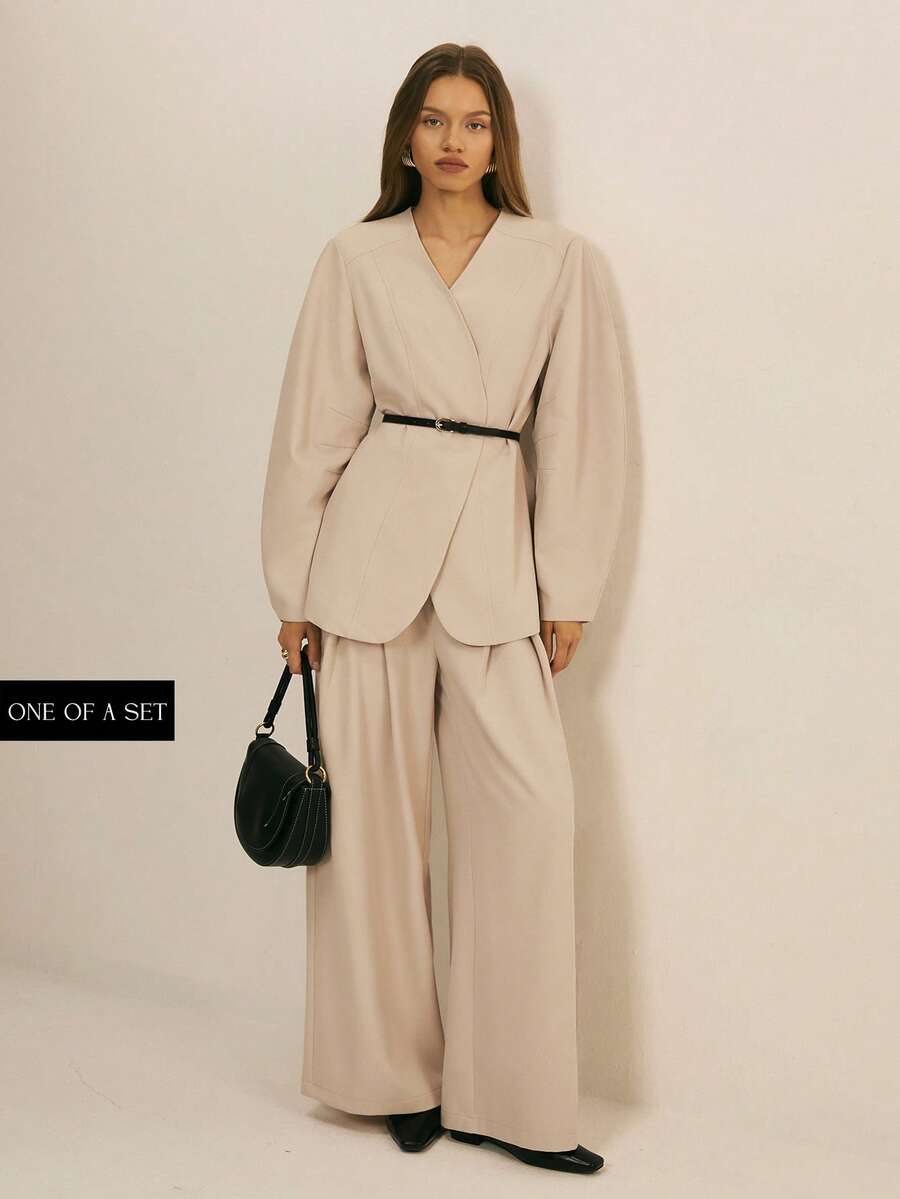 ATUI Studio 女士纯色褶裥阔腿宽松休闲裤 - 杏色 - 查看 1