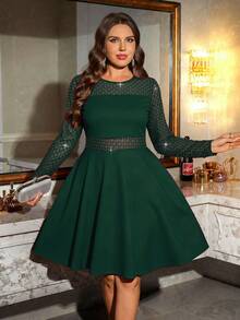 Reflora Vestido de manga larga con cuello redondo y contraste de malla, elegante y de talla grande, para otoño - Verde Oscuro - Ver 6